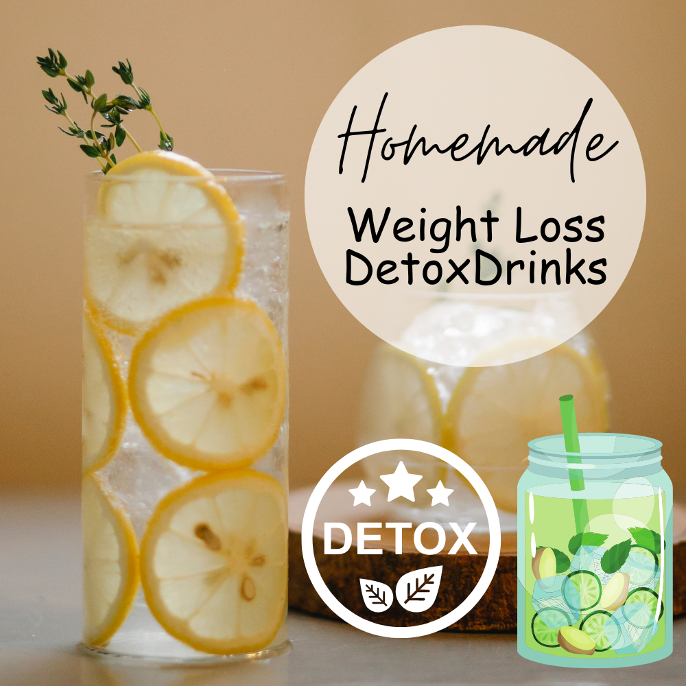 A glass of lemon water with the words homemade weight loss detox drinks with a graphic of cucumber water and a detox design.